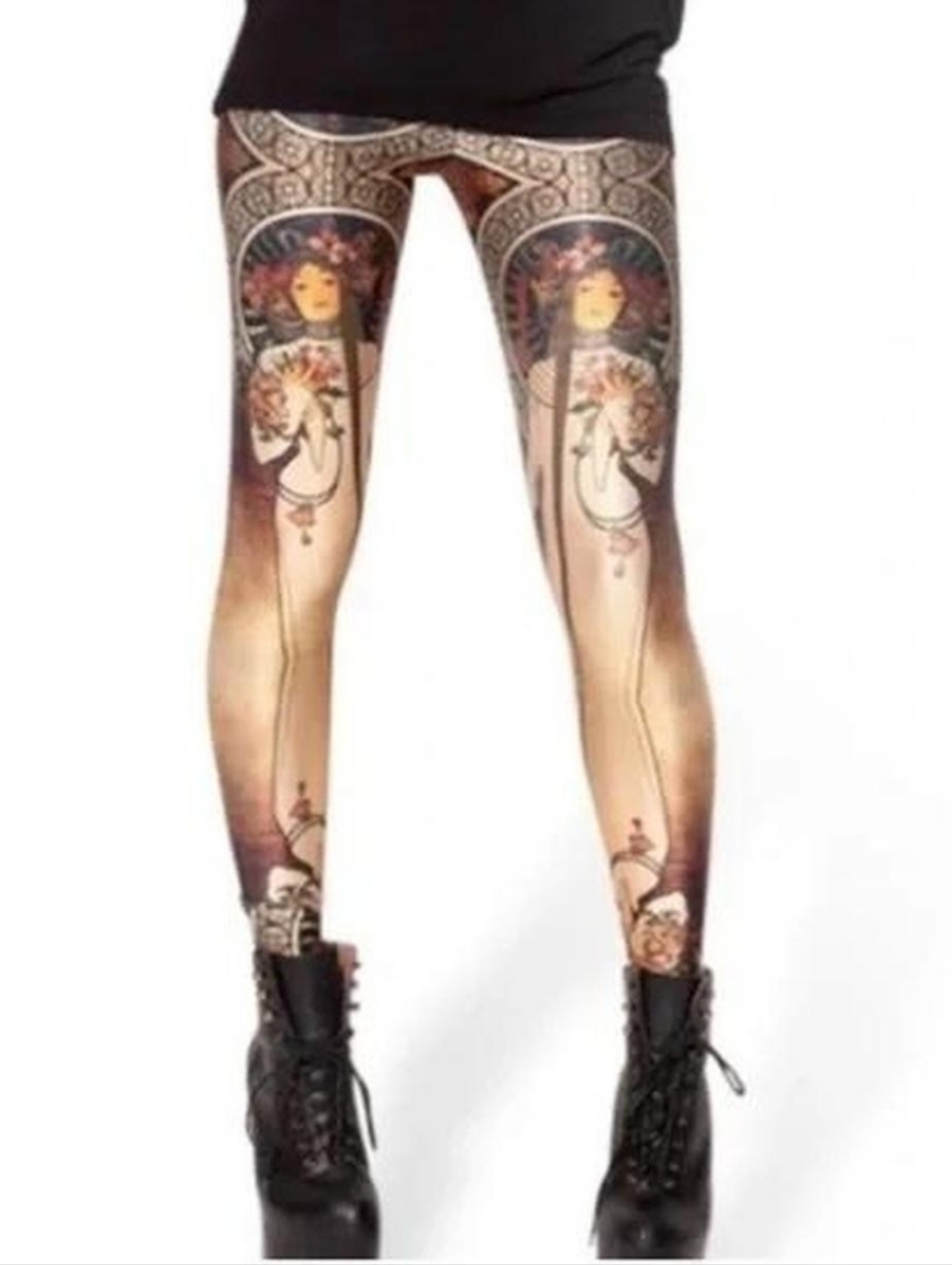 BlackMilk Alphonse Mucha La Trappistine Printed Leggings - Brown/Gold